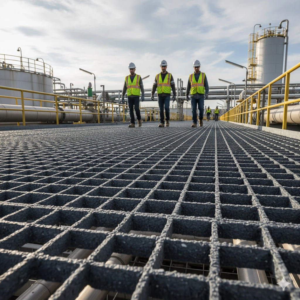 Workers walking on FRP pultruded grating walkway with anti-slip surface Workers walking on FRP pultruded grating walkway with anti-slip surface