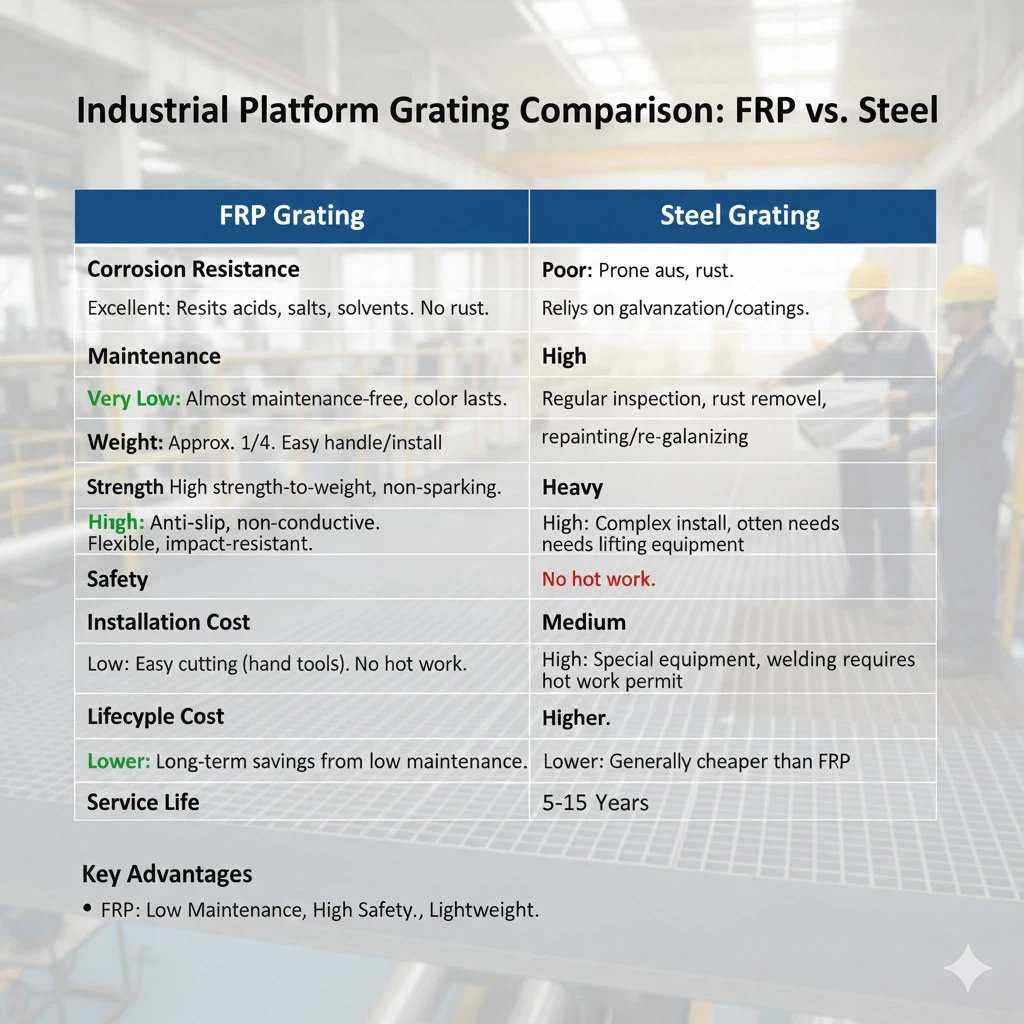 FRP grating industrial platform requiring minimal maintenance compared to steel grating FRP grating industrial platform requiring minimal maintenance compared to steel grating