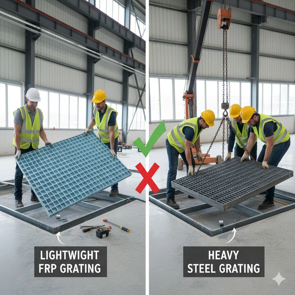 Lightweight FRP floor grating installation compared with steel grating Lightweight FRP floor grating installation compared with steel grating